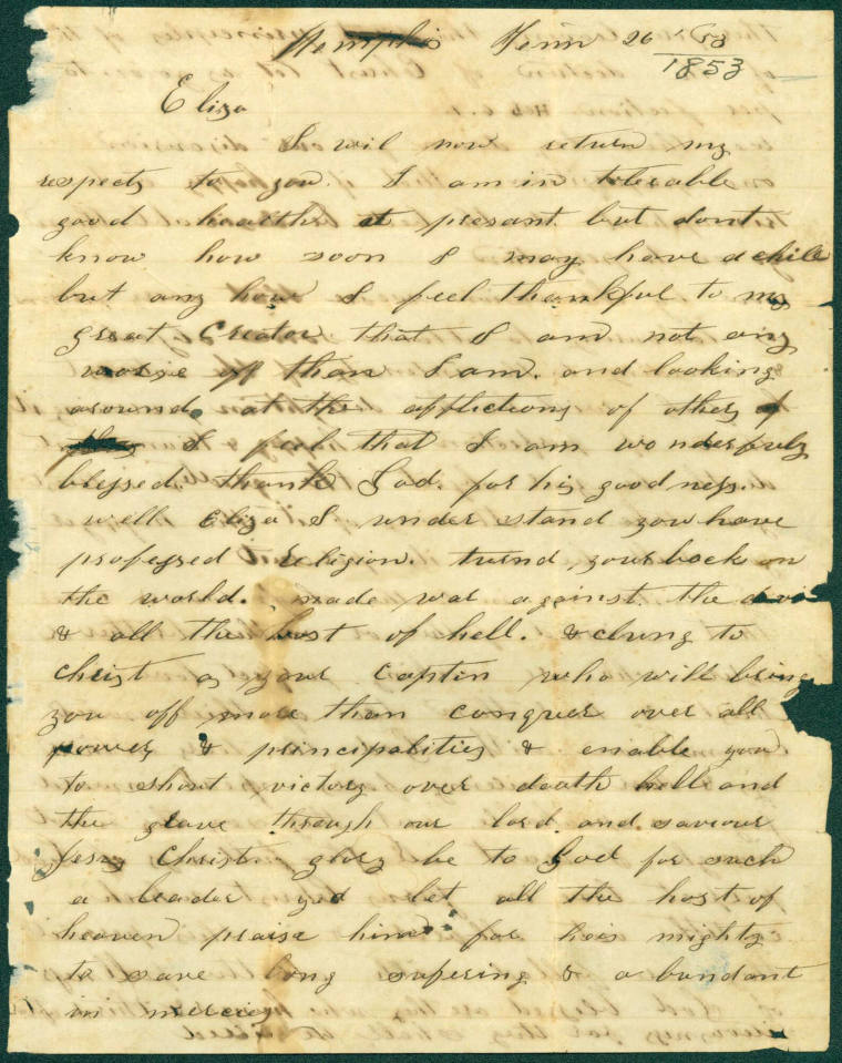 Letter to Eliza Lightfoot from TN Lightfoot dated 1853.