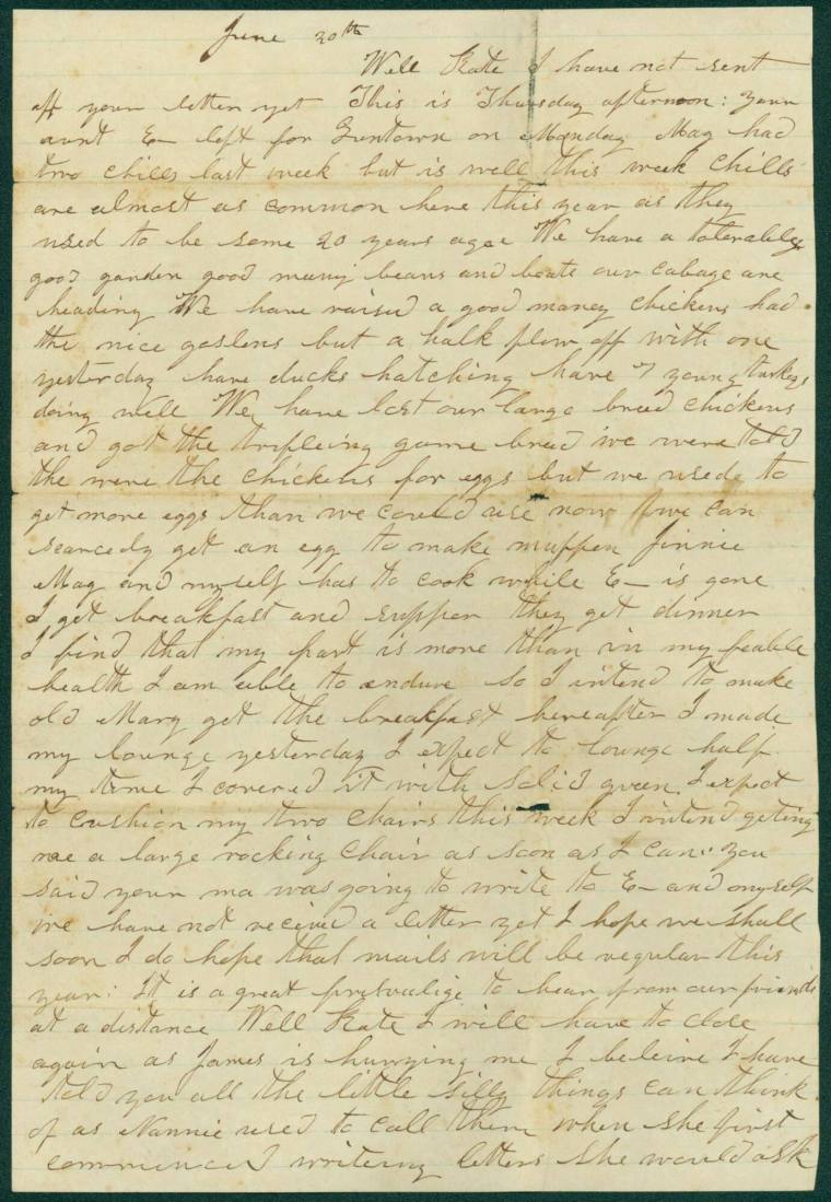 Letter dated 6-20-1867 to Kate Broach from her Aunt MS Barton