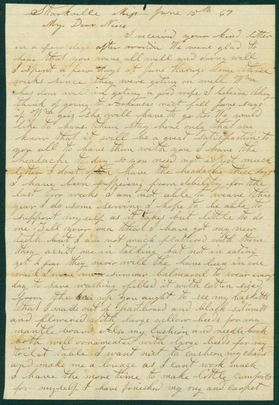 Letter to Kate Broach from her Aunt MS Narson dated 6-15-1867