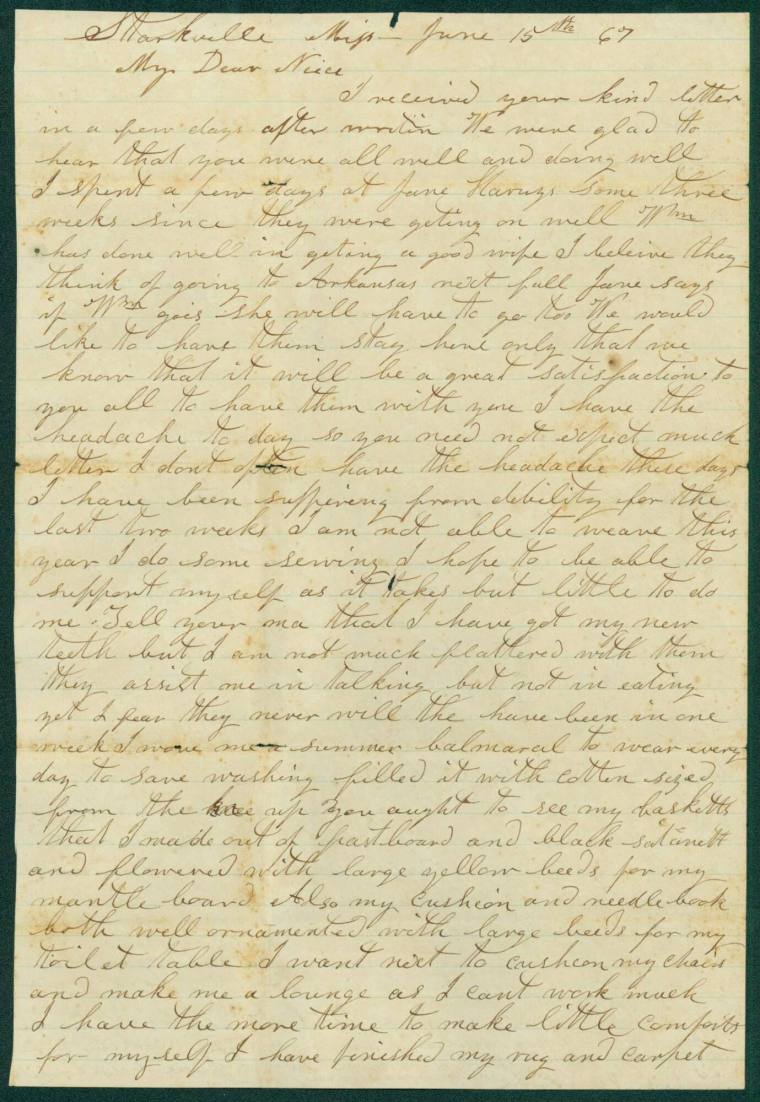 Letter to Kate Broach from her Aunt MS Narson dated 6-15-1867