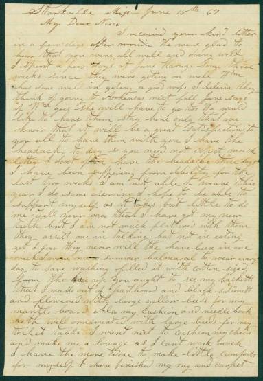 Letter to Kate Broach from her Aunt MS Narson dated 6-15-1867