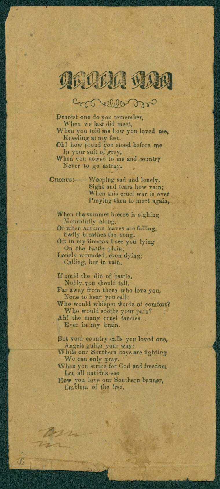 Civil War poem/song entitled, "Cruel War."