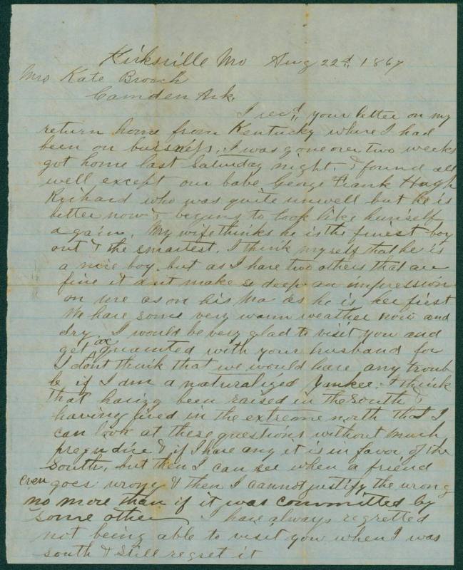 Letter to Mrs. Kate Broach from her uncle NP Nason(?)8-22-1867