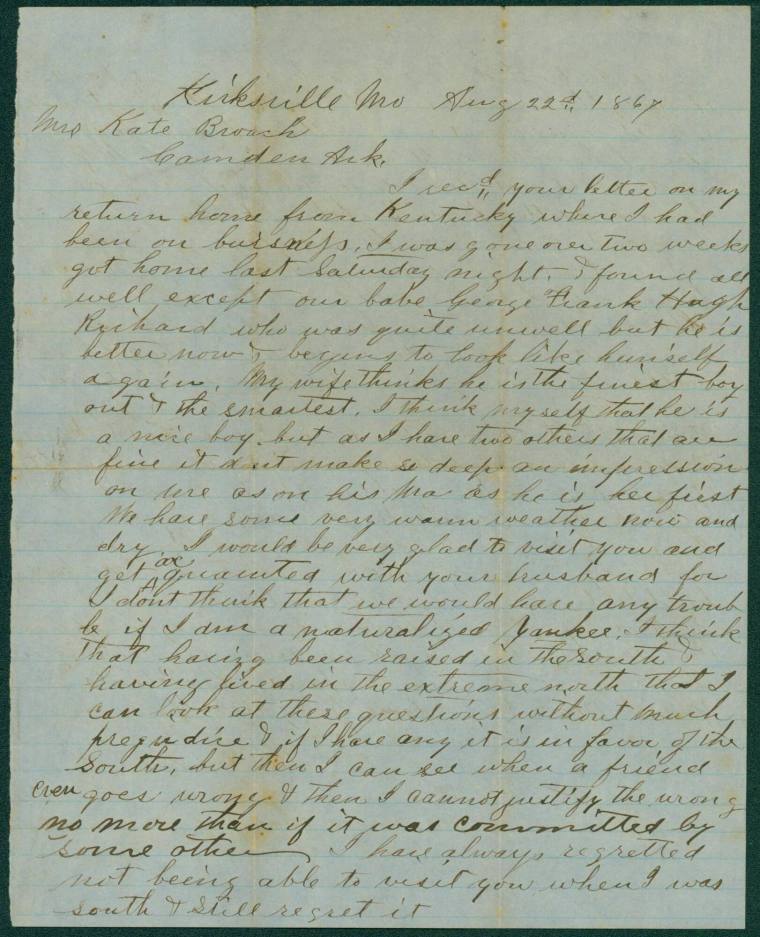 Letter to Mrs. Kate Broach from her uncle NP Nason(?)8-22-1867