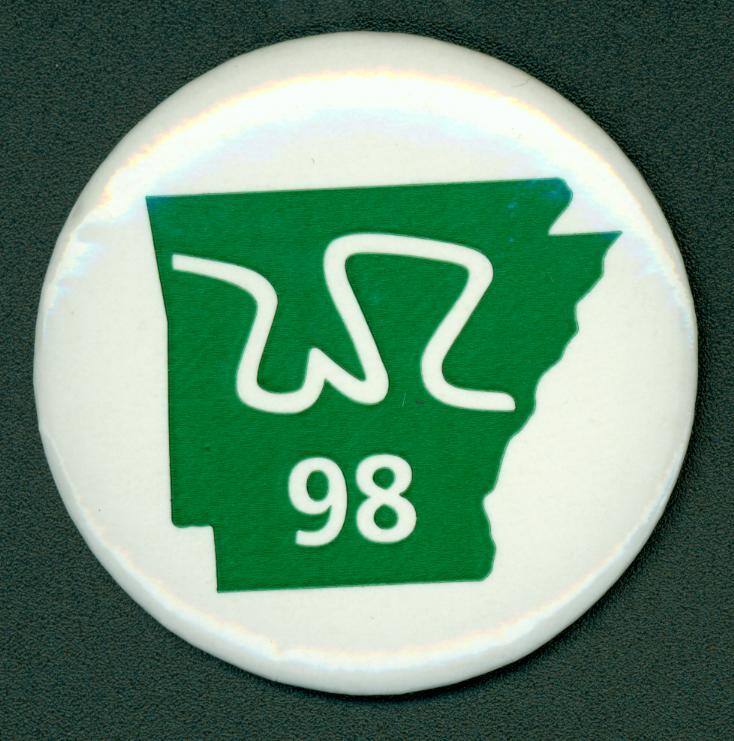 Pin with shape of State of AR  "WR" logo and "98" on the state.