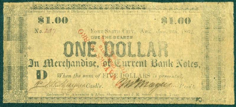 Scrip, Arkansas Confederate - One Dollar