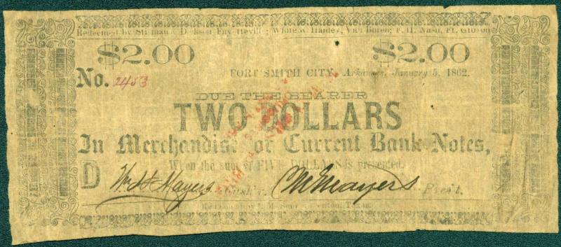 Scrip, Arkansas Confederate - Two Dollar