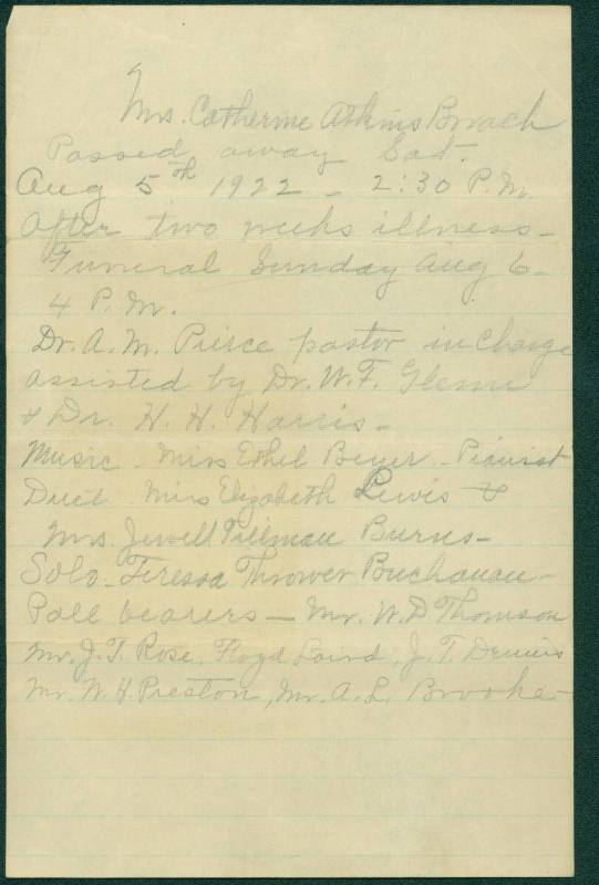 Mrs Catherine Atkins Broach handwritten funeral announcement 