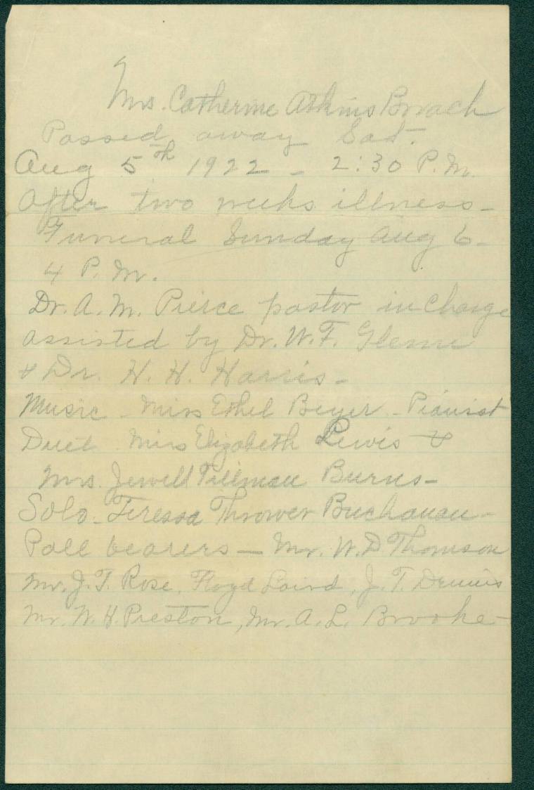 Mrs Catherine Atkins Broach handwritten funeral announcement 