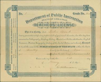 A teachers' license for Luther Broach dated May 9th, 1891