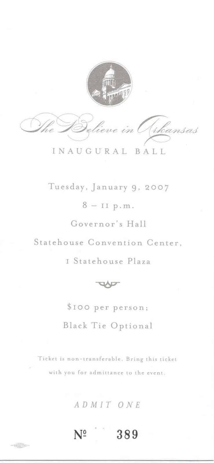 AR Politics - 2007 Mike Beebe Inaugural Ball Invitation