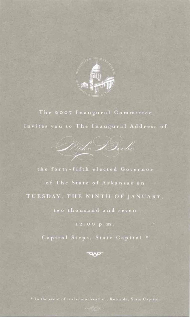 AR Politics - 2007 Mike Beebe Inaugural Ball Invitation