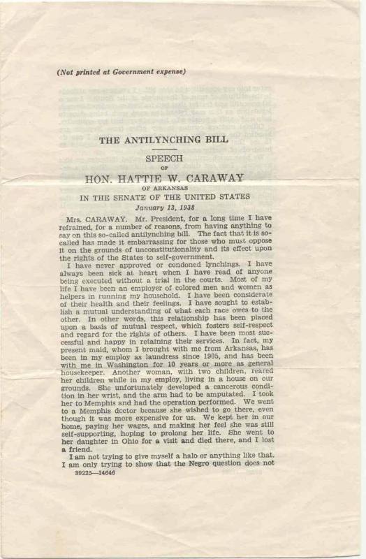 AR Politics - Hattie Caraway's anti-lynching bill speech