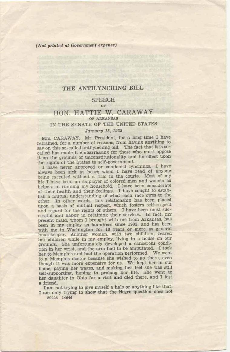 AR Politics - Hattie Caraway's anti-lynching bill speech